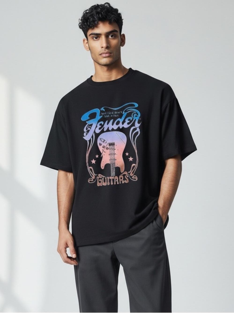 Fender Black Mens Tee with Blue and Coral Gradient Guitar Graphic Size Xl